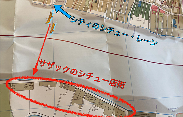 テムズ川沿いのシチュー店（1520年の地図）