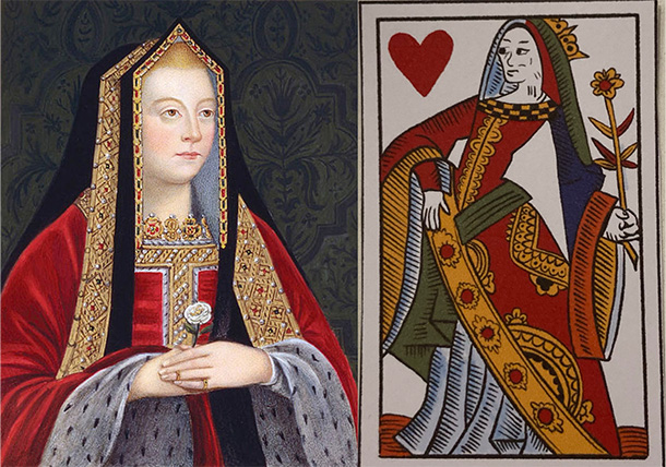 17 世紀のトランプのハートのクイーン（右）とエリザベス・オブ・ヨーク（左）
