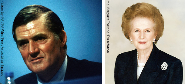 写真左: セシル・パーキンソン貿易産業相　写真右: マーガレット・サッチャー首相