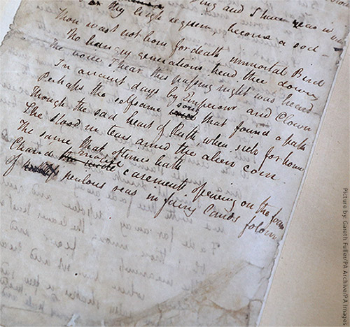 「ナイチンゲールに寄す」の草稿（キーツ・ハウス所蔵）。
キーツは筆跡の美しさでも知られている