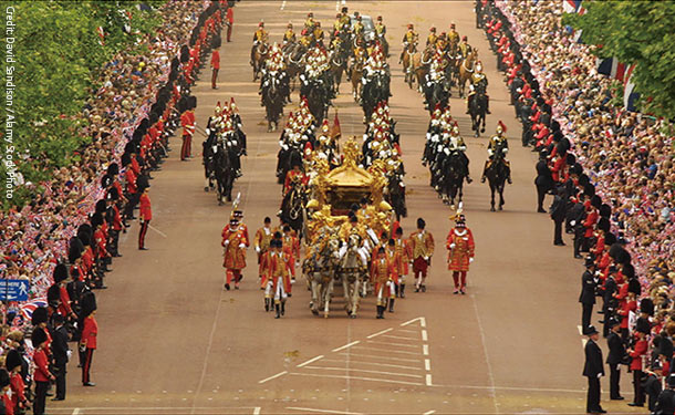 バッキンガム宮殿からアドミラルティ・アーチをいくゴールデン・ジュビリーのパレードの様子