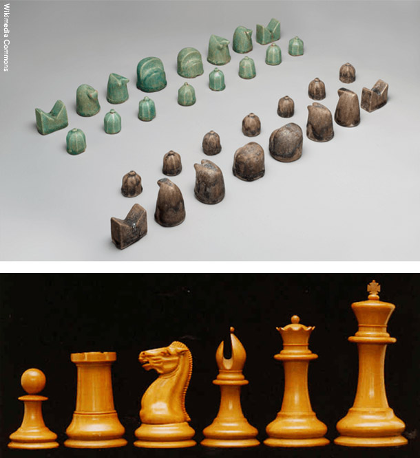 イスラム教徒圏のチェス駒（上）は抽象的、スタントン・チェス（下）は具象的