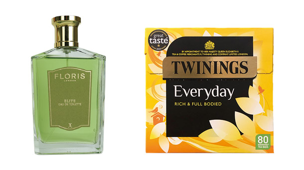 瓶に入ったフローリスのトワレとトワイニングの紅茶